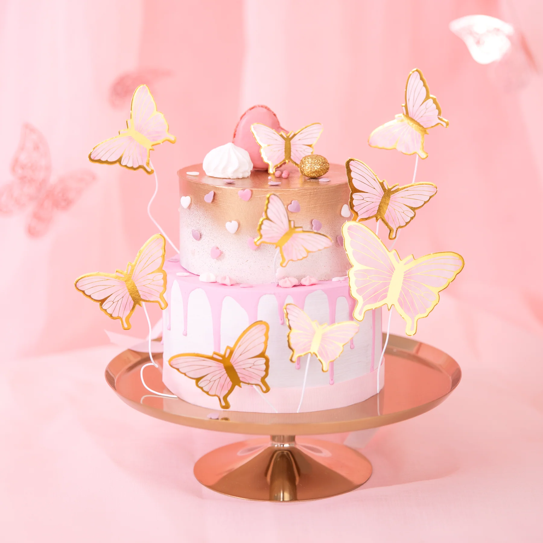 Fluturi Imprimati - Set 10 Fluturi pentru Tort AURIU ROZ | Decoratiuni Elegante pentru Tort si Candy Bar