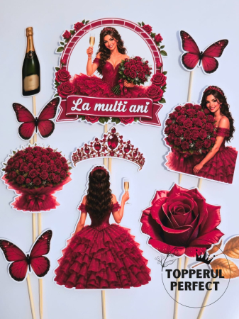 Toppere Torturi - Toppere Tort Femei cu Trandafiri Rosii – Set Aniversar Elegant Decor