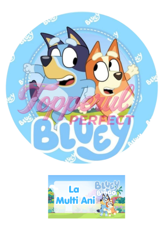 Vafe Copii - Vafa Comestibila pentru Tort Bluey si Bingo Rotunda cu Placuta La Multi Ani - Decor Tort