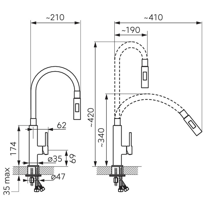 Baterie de bucatarie, Ferro, Zumba Slim 2F, cu pipa flexibila, albastru [2]