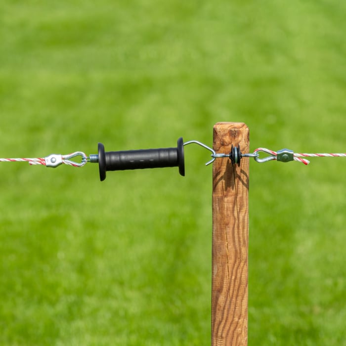 Mâner pentru poartă gard electric, cu cârlig și arc. [5]