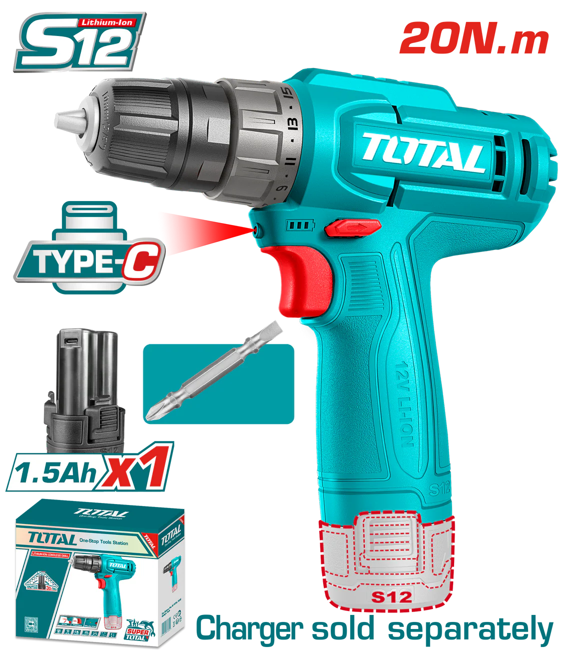 Masina de gaurit cu acumulator TOTAL 12V, 1.5Ah Li-Ion, LED, USB Type-C [2]