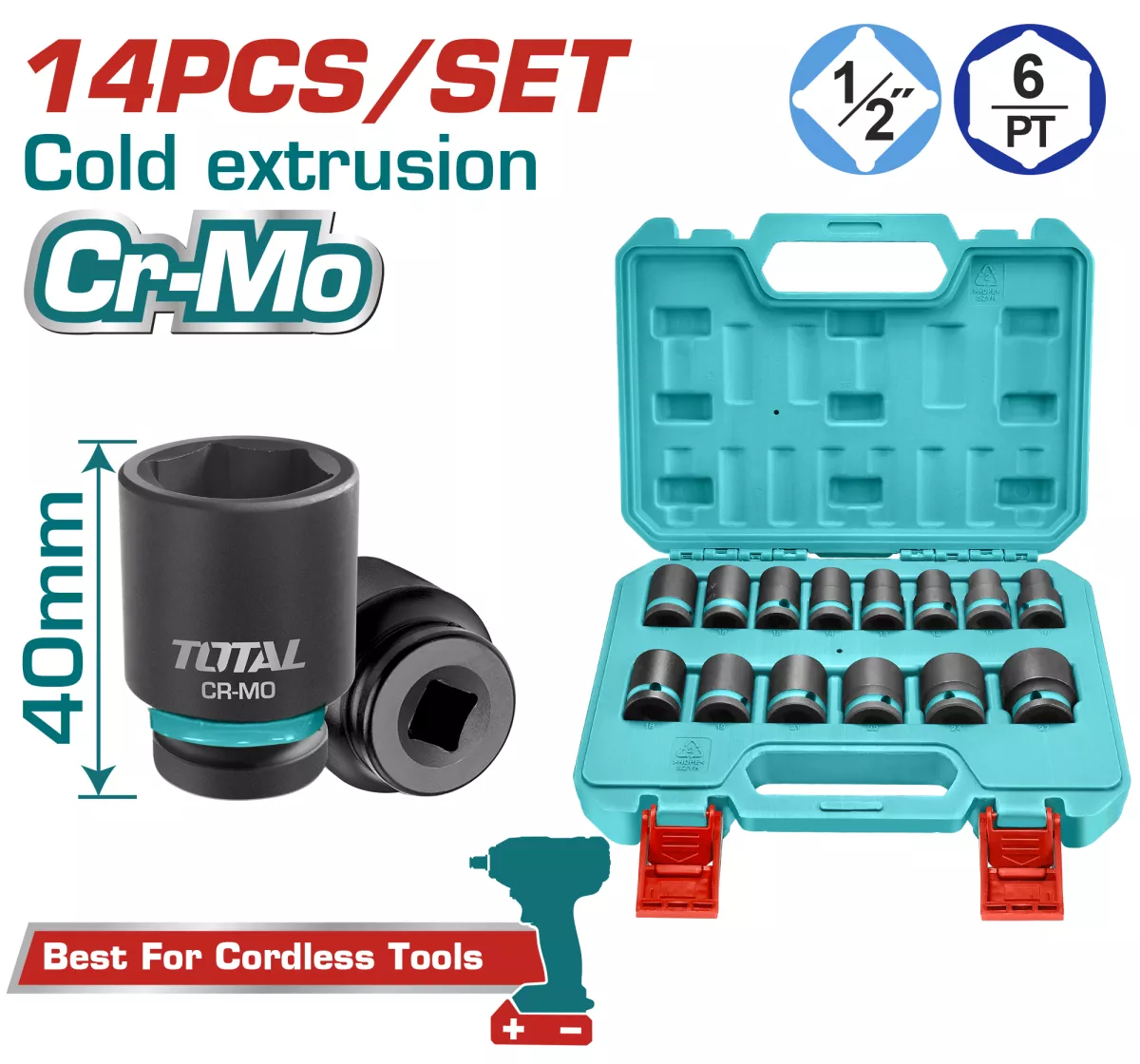 Set tubulare impact TOTAL 1/2", 14 piese, 10–27 mm, Cr-Mo [2]