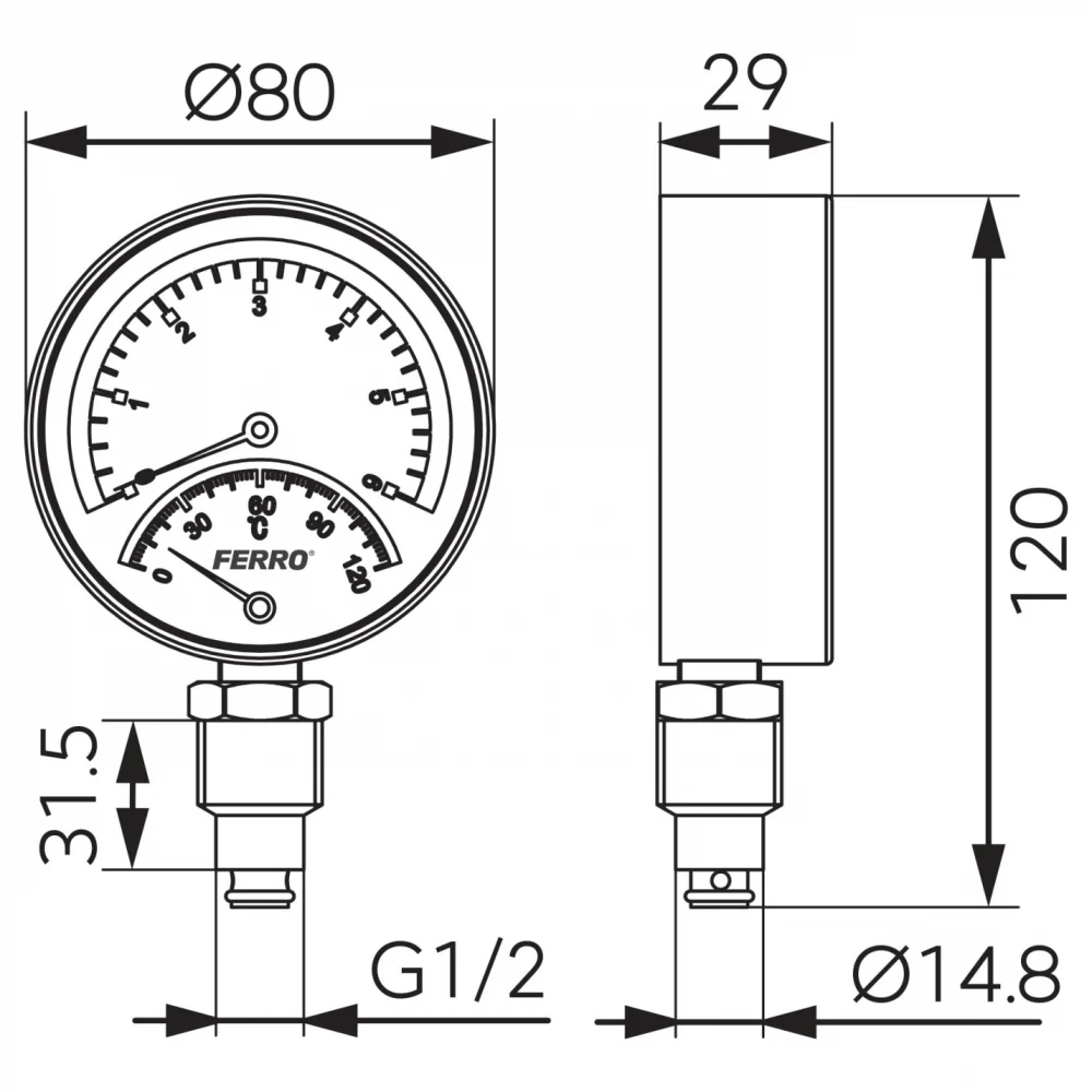 Termomanometru Ferro TM80R, radial, 80 mm x 1/2 [2]