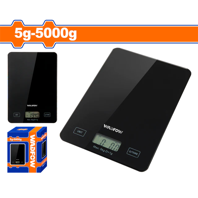 Cantar digital de bucatarie Wadfow, capacitate 5g-5kg, sticla securizata, afisaj digital, oprire automata, negru [1]