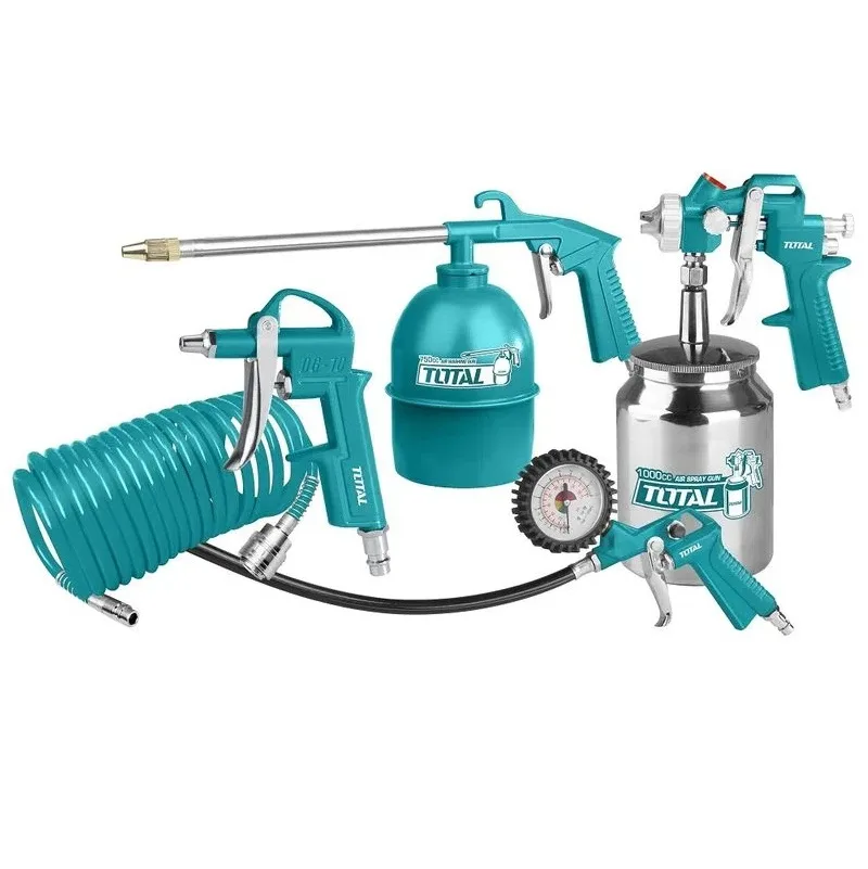 Kit 5 piese pentru vopsit Total TATK051, furtun 5 m, pistol de aruncare cu aer, pistol de pulverizare, capac aluminiu, pistol de spalat, pistolul de umflare a anvelopei