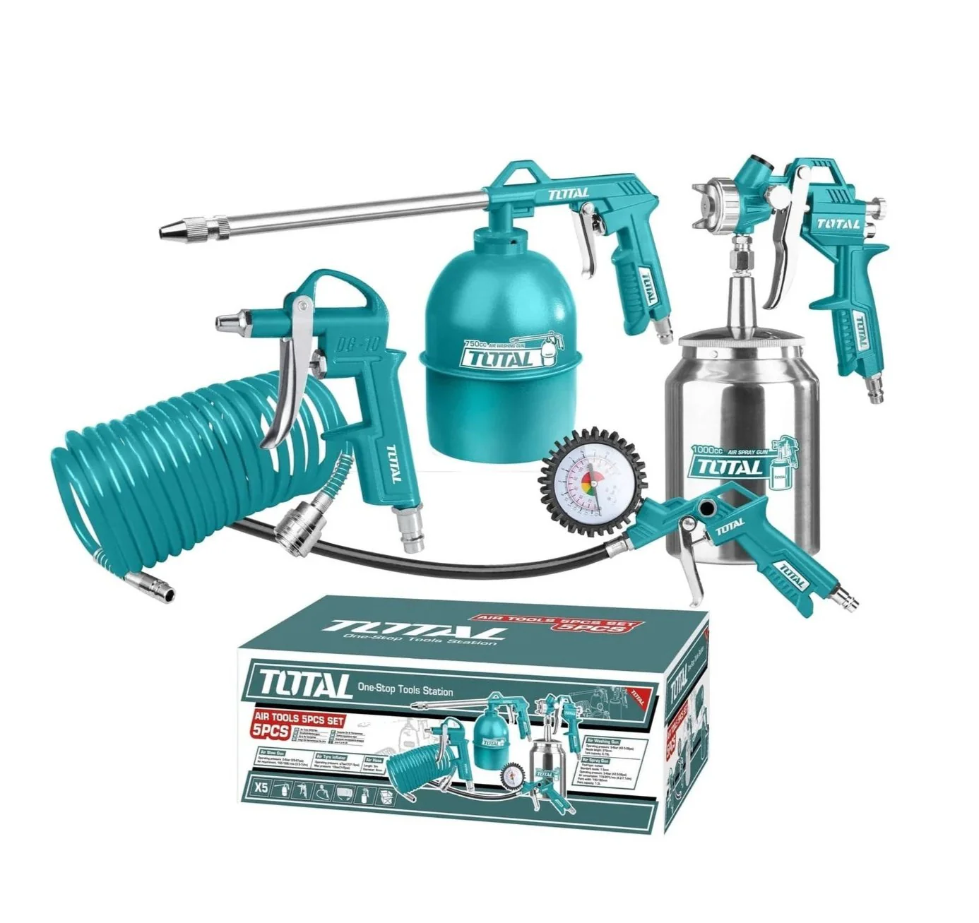 Kit 5 piese pentru vopsit Total TATK051, furtun 5 m, pistol de aruncare cu aer, pistol de pulverizare, capac aluminiu, pistol de spalat, pistolul de umflare a anvelopei [1]