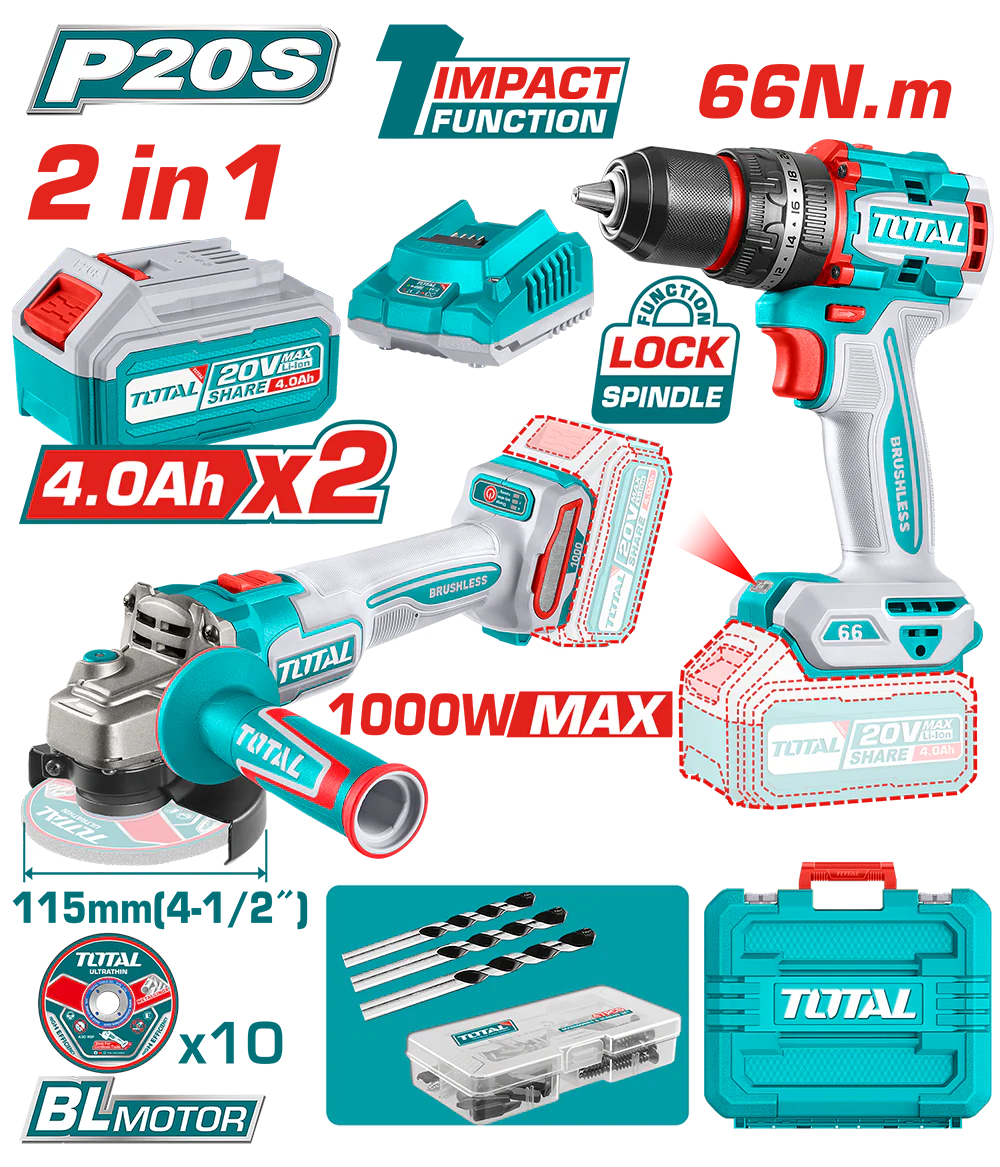 Kit Combo TOTAL 20V – Masina de gaurit cu impact 66Nm + Polizor unghiular 115mm, 2 acumulatori 4.0Ah, incarcator