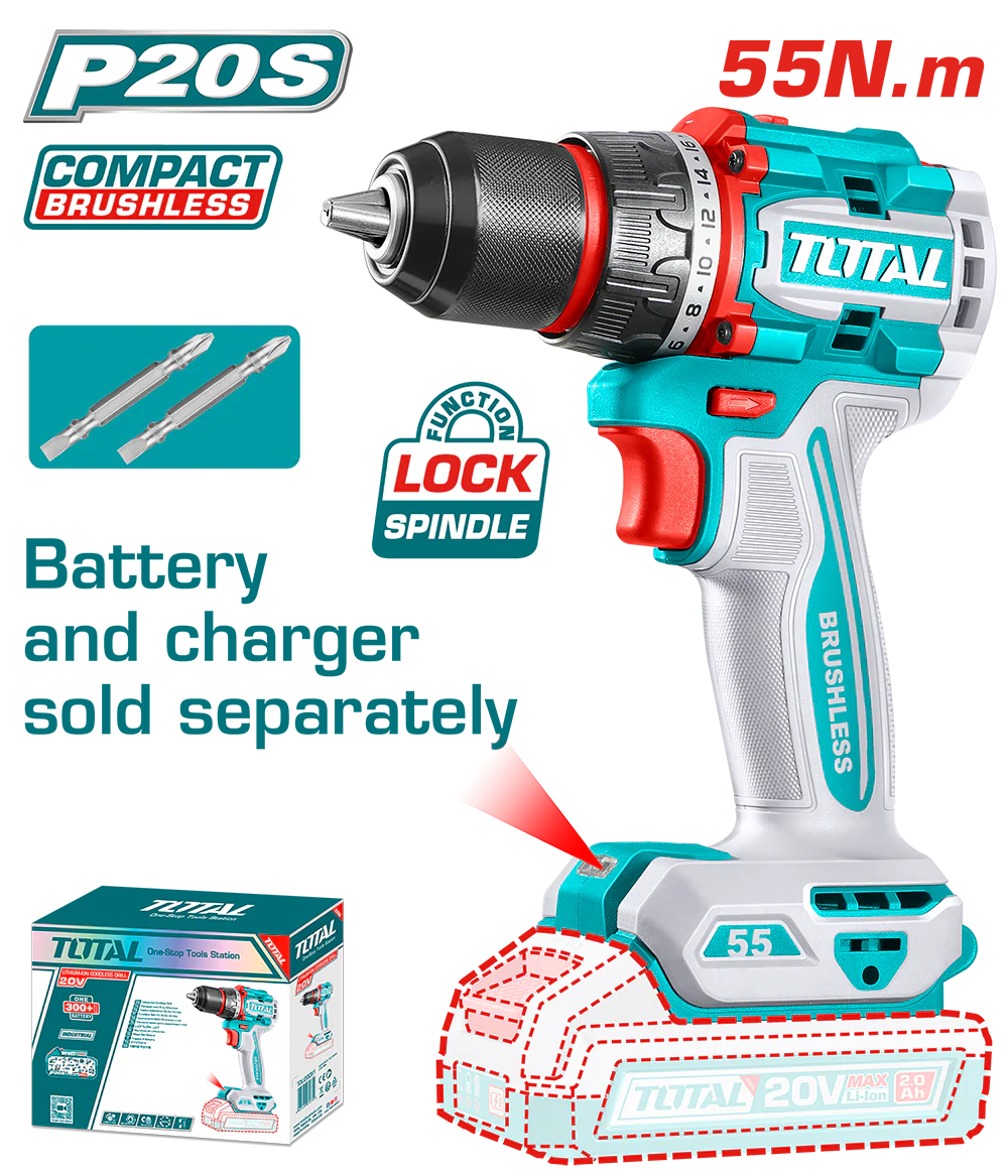 Scule cu Acumulator - Masina de gaurit TOTAL 20V, 55 Nm, motor fara perii (nu include acumulator)