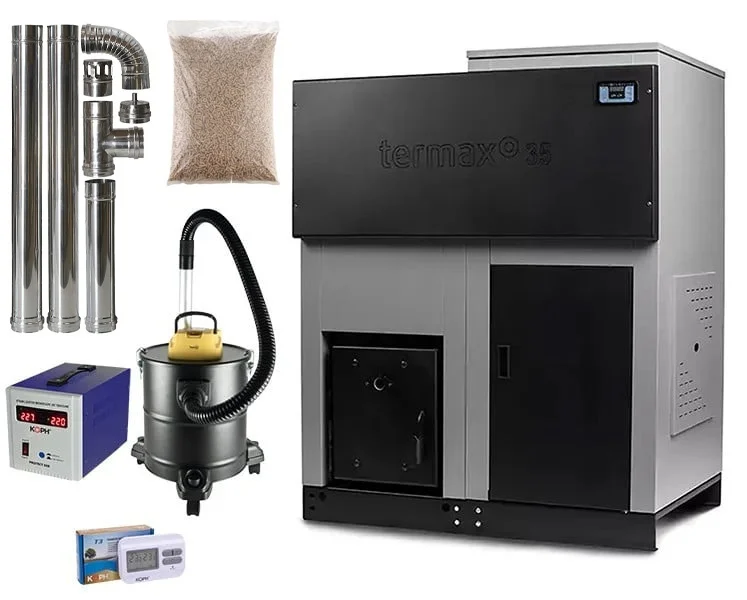 Termice - Pachet centrala cu peleti Termax ECO GRI 35 kW, 220 mp, buncar peleti 130 kg, diametru cos fum ⌀80 mm, volum apa 95 litri