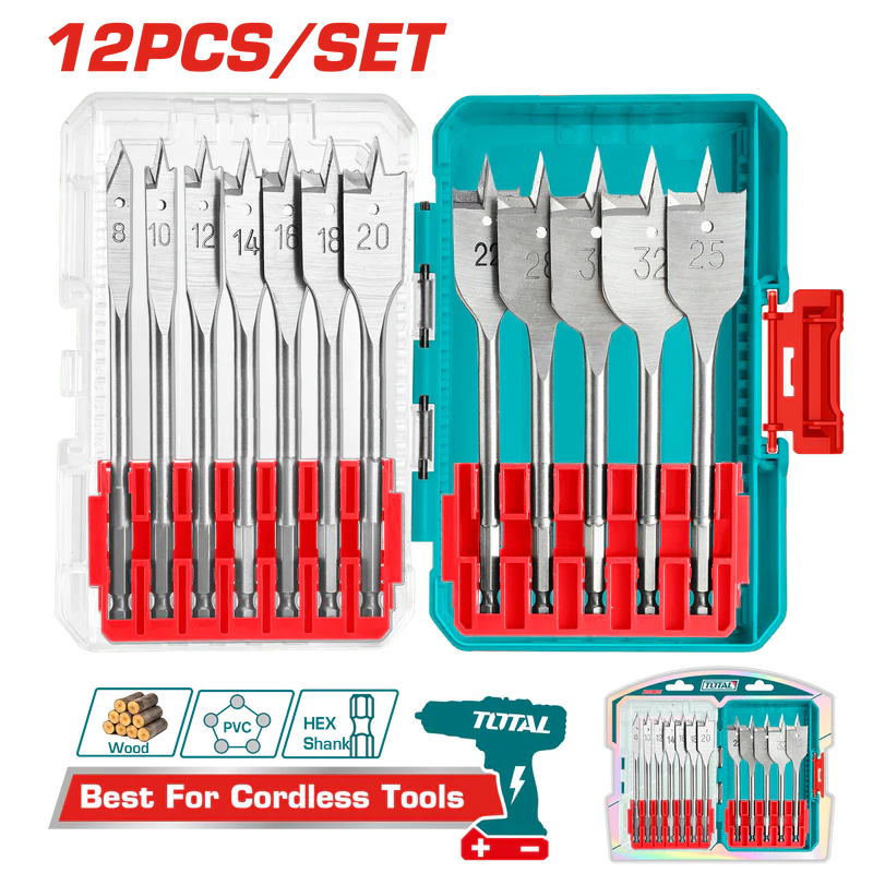 Set 12 buc. burghie plate pentru lemn TOTAL, 8–32 mm, tija hex 1/4" [1]