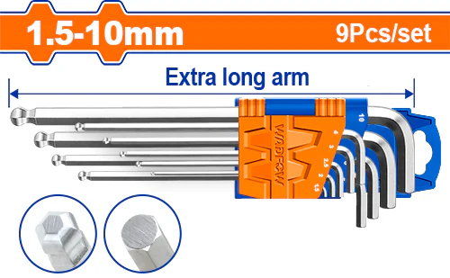 Scule de Mana - Set 9 chei hexagonale Wadfow, cap bila, dimensiuni 1.5-10mm, Cr-V, brat extra lung, gri