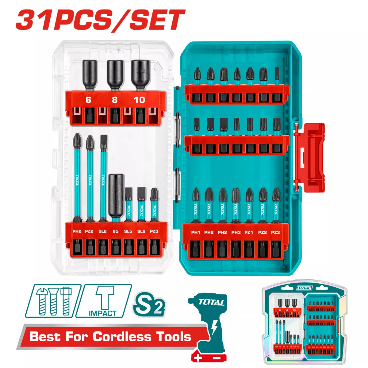 Set biti impact TOTAL 31 piese, 25/50/89 mm, piulite magnetice, suport inclus [5]