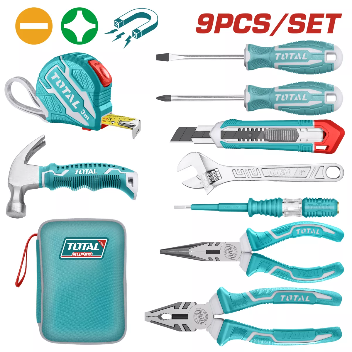 Set unelte de mana TOTAL 9 piese, ruleta 3 m, clesti, surubelnite, cheie reglabila [1]
