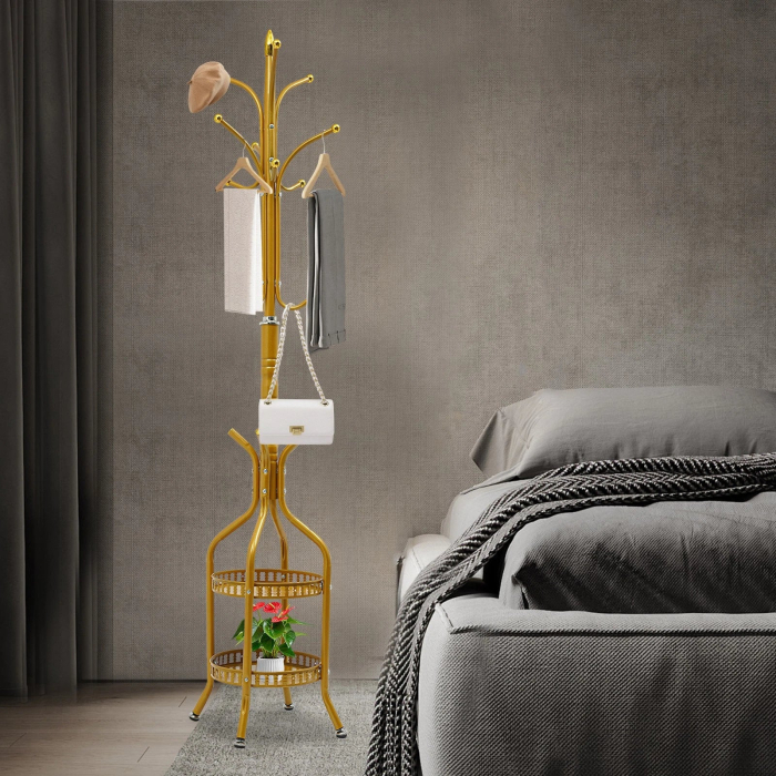 Cuier de Podea Auriu, Agatatori Multiple, 2 Rafturi Depozitare, Design Vertical Compact, Stabil si Rezistent [13]