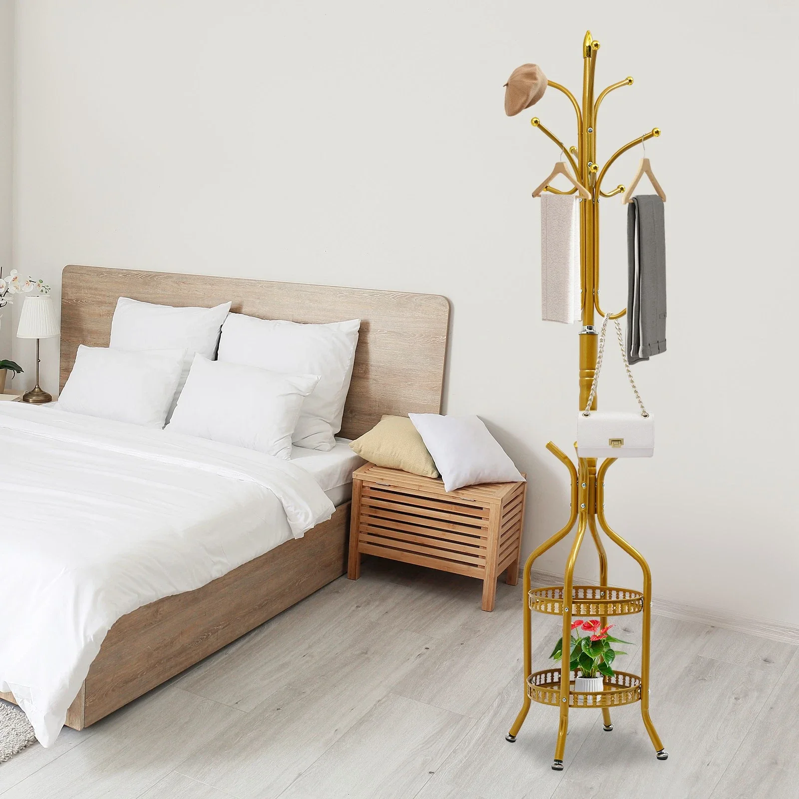 Cuier de Podea Auriu, Agatatori Multiple, 2 Rafturi Depozitare, Design Vertical Compact, Stabil si Rezistent [10]