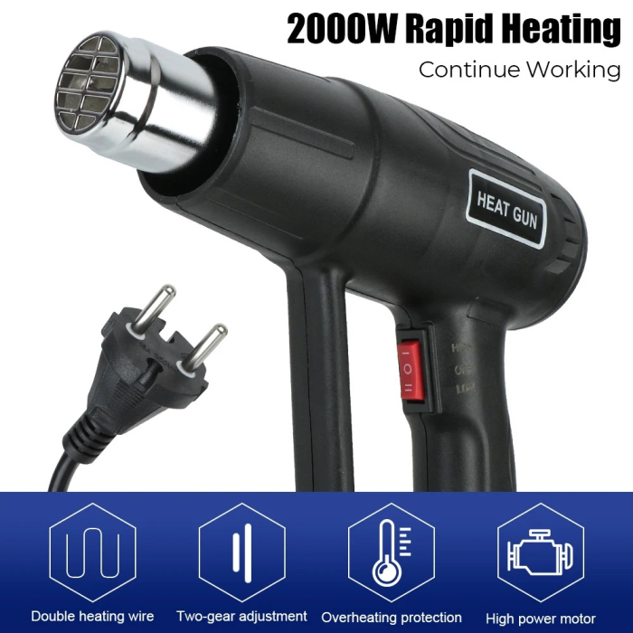 Pistol de Aer Cald Electric 2000W, Temperatură Reglabila 60–680°C, Heat Gun Profesional pentru Lucrari DIY si Atelier [2]