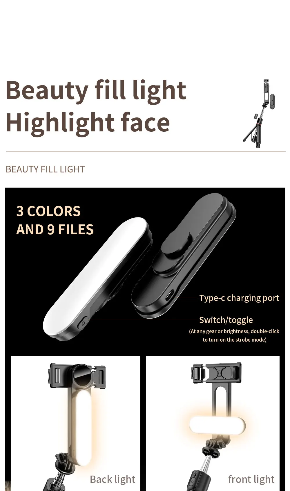 Selfie Stick Tripod L15 cu Lumină LED, AntiVibratie, Bluetooth Wireless, Extensibil 114 cm, 360°, Compatibil Android & iOS [10]