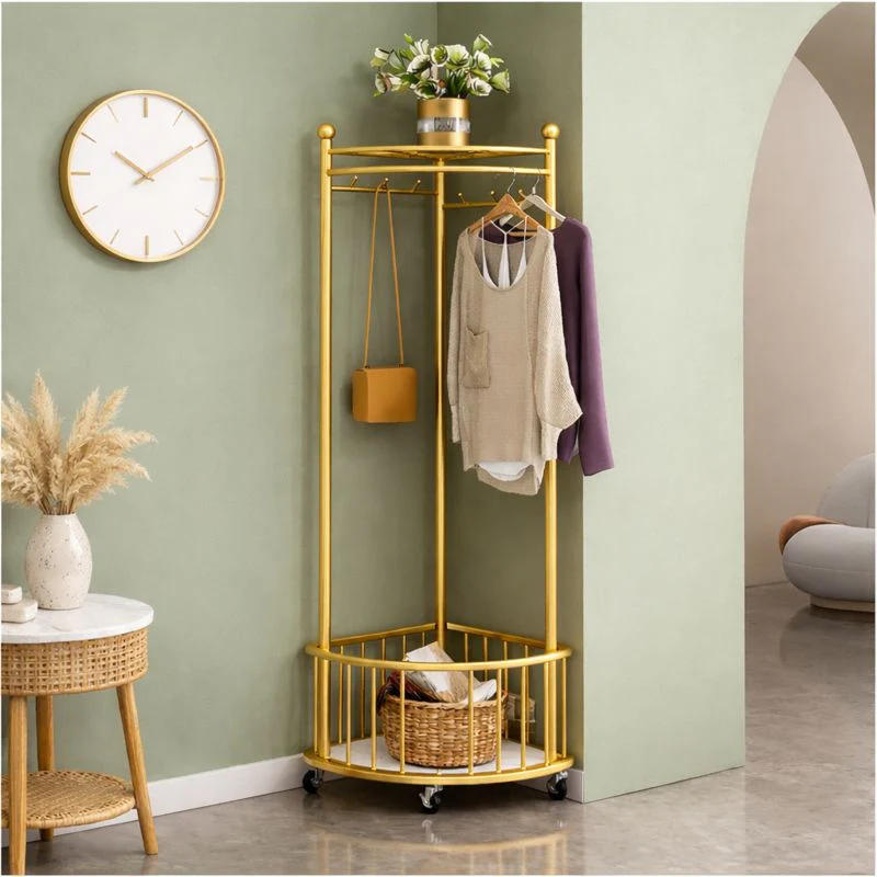 Cuier de Colt Multifunctional cu Roti, Organizator Vertical pentru Haine si Incaltaminte, Structura Metalica, Auriu [2]