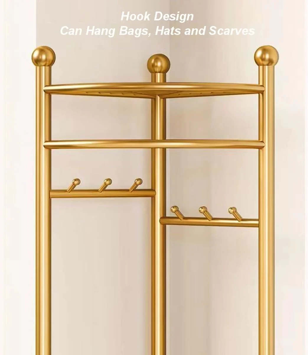 Cuier de Colt Multifunctional cu Roti, Organizator Vertical pentru Haine si Incaltaminte, Structura Metalica, Auriu [1]