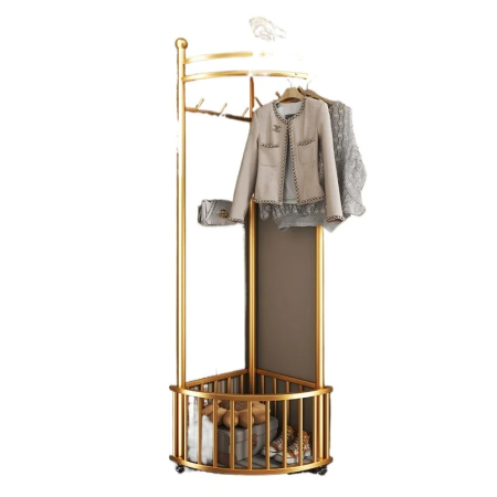 Casa & Gradina - Cuier de Colt Multifunctional cu Roti, Organizator Vertical pentru Haine si Incaltaminte, Structura Metalica, Auriu