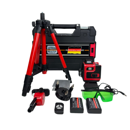 Unelte & Scule - Kit Nivelă Laser 360° German Meister, Laser Verde 4×360°, Trepied + Ochelari + Accesorii, Model Profesional