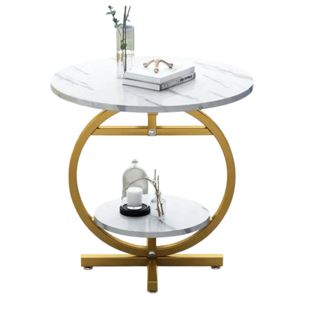 Casa & Gradina - Masa de Cafea Rotunda cu 2 Nivele, Imitatie Marmura Alba, Picioare Aurii, Masa Moderna pentru Living, Hol, Dormitor