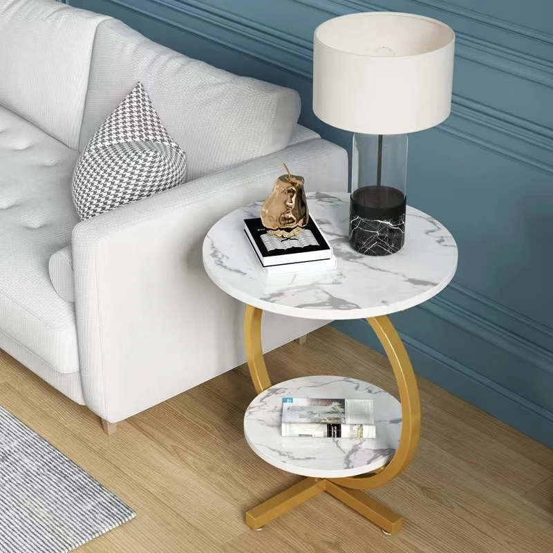 Masa de Cafea Rotunda cu 2 Nivele, Imitatie Marmura Alba, Picioare Aurii, Masa Moderna pentru Living, Hol, Dormitor [5]