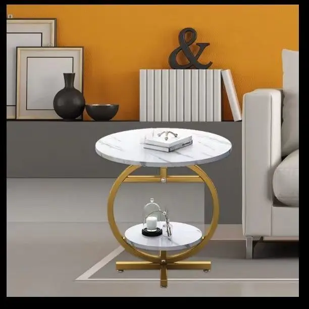 Masa de Cafea Rotunda cu 2 Nivele, Imitatie Marmura Alba, Picioare Aurii, Masa Moderna pentru Living, Hol, Dormitor [4]