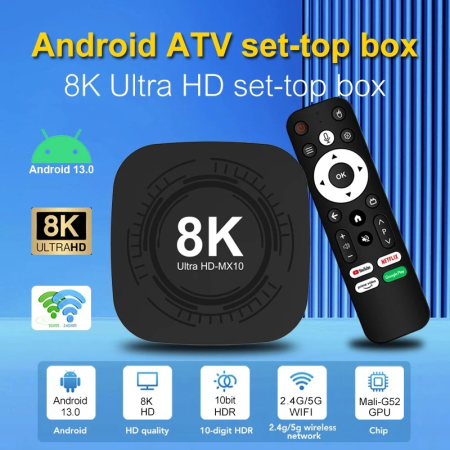 Smart TV Box 4K Ultra HD, WiFi, Bluetooth, Android TV 13, Telecomanda, Redare din Telefon pe TV [1]
