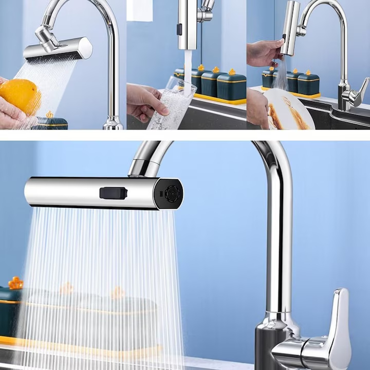 Adaptor robinet bucatarie 3 in 1 cu jet tip cascadă, extensie rotativa 360 grade, aerator multifunctional si economizor apa [6]