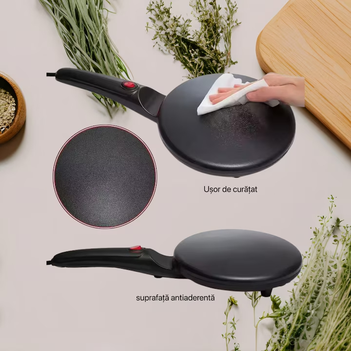 Aparat Electric de Facut Clatite si Lipii, Tigaie Portabila Inversata cu Suprafata Antiaderenta, Diametru 20cm, Rosu [4]