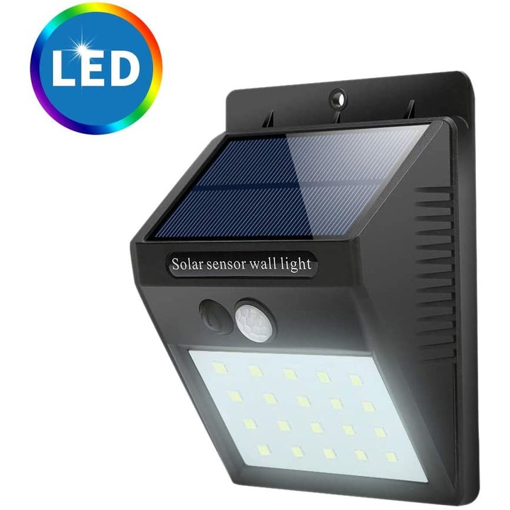 Aplica led solara cu senzor de miscare si lumina, 20 LED-uri, protectie exterior IP65, incarcare inteligenta, negru [3]