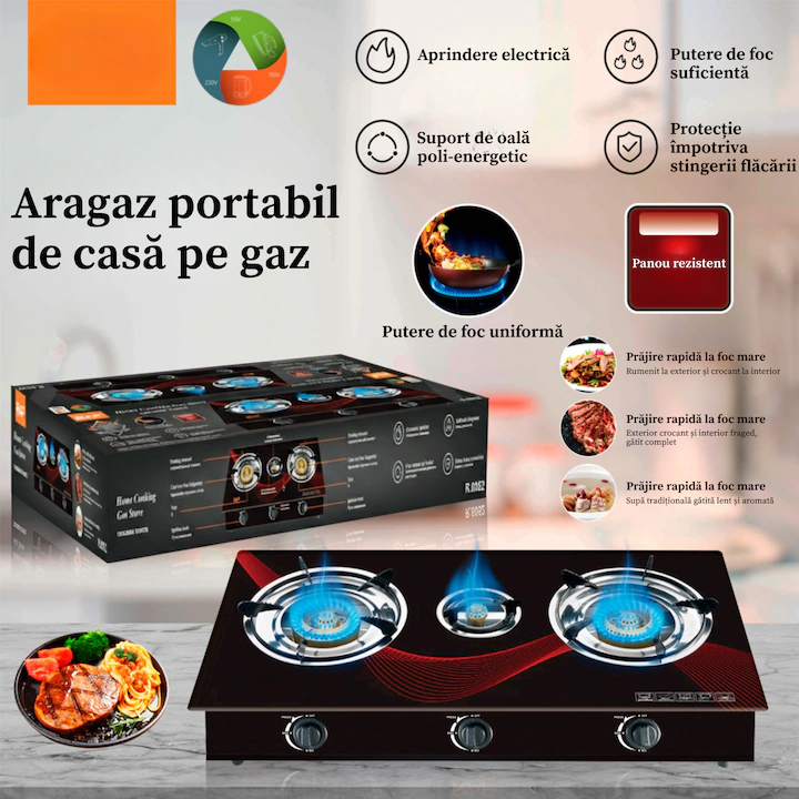 Aragaz pe Gaz, 3 Arzatoare, Sticla Securizata, Negru [5]