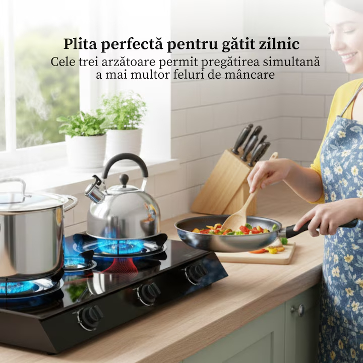 Aragaz pe Gaz, 3 Arzatoare, Sticla Securizata, Negru [6]