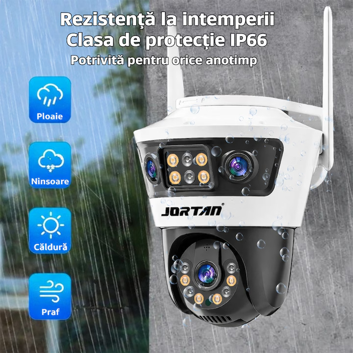 Camera de Supraveghere Exterior WiFi Jortan, Include Card 32GB, Rezolutie 9MP 6K, 3 Lentile cu Afisaj Multi-Ecran, Alarma Luminoasa si Protectie IP66 [6]