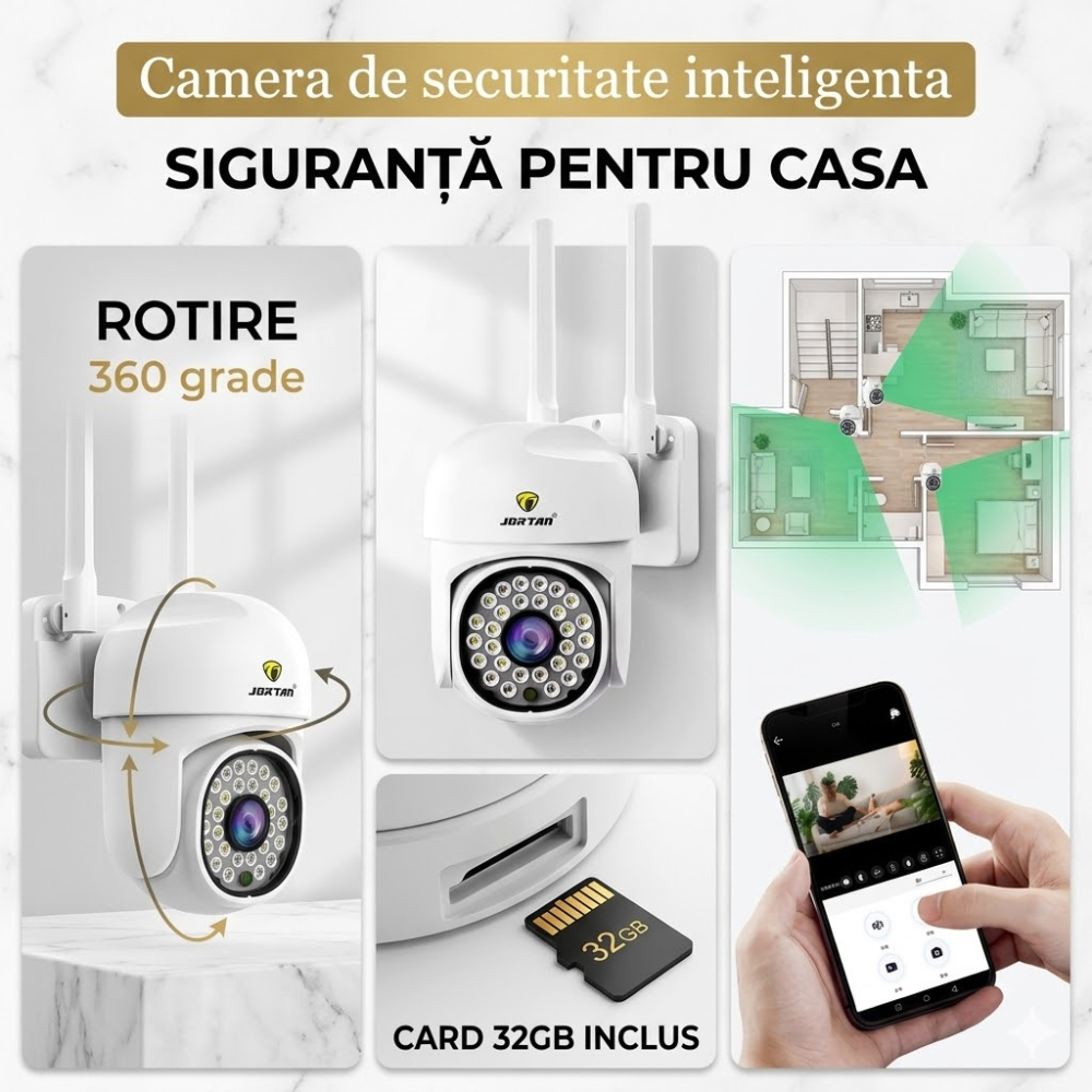 Camera de Supraveghere Exterior WiFi Jortan PTZ, Rezolutie Full HD, Include Card 32GB, Rotire 360 Grade si Vedere Nocturna Color [4]