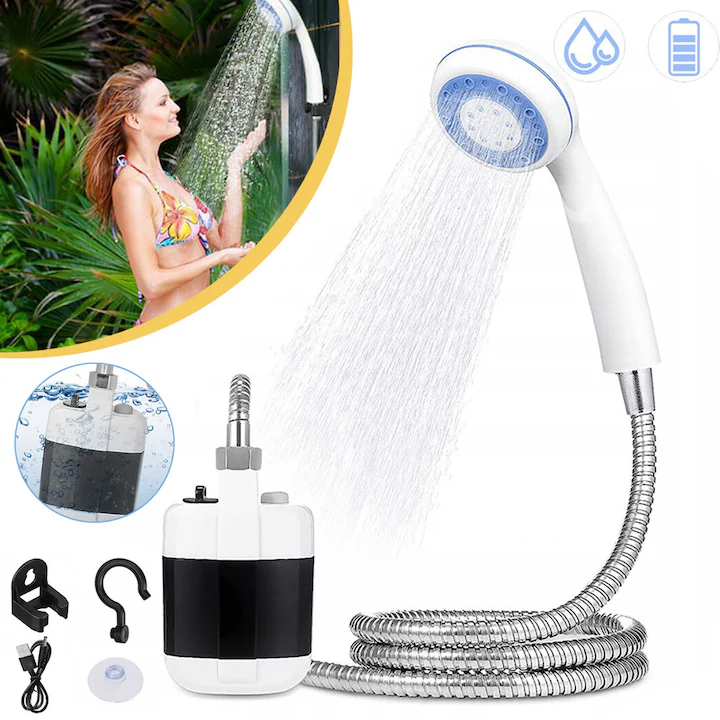 Dus portabil camping si curte, reincarcabil prin USB, cu pompa electrica submersibila, debit constant, ventuza si carlig de prindere [3]