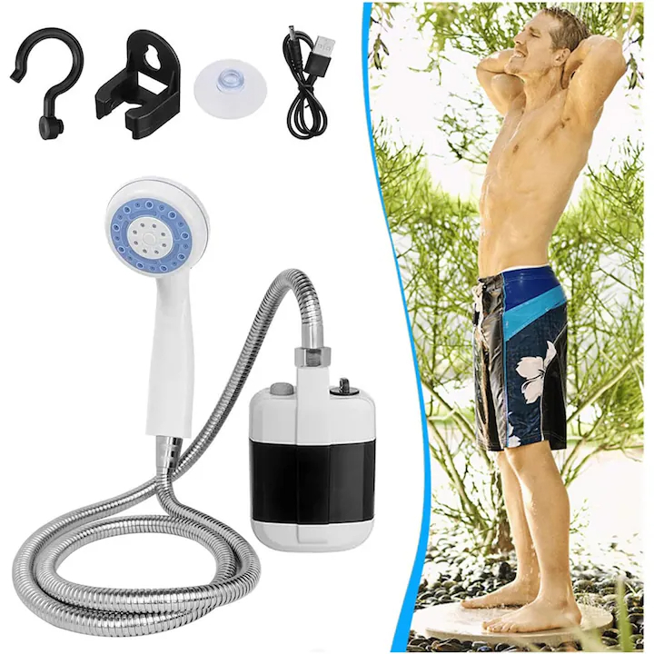 Dus portabil camping si curte, reincarcabil prin USB, cu pompa electrica submersibila, debit constant, ventuza si carlig de prindere [2]