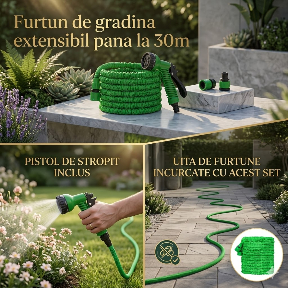 Furtun de gradina extensibil pana la 30m cu pistol de stropit multifunctional si conectori inclusi [4]