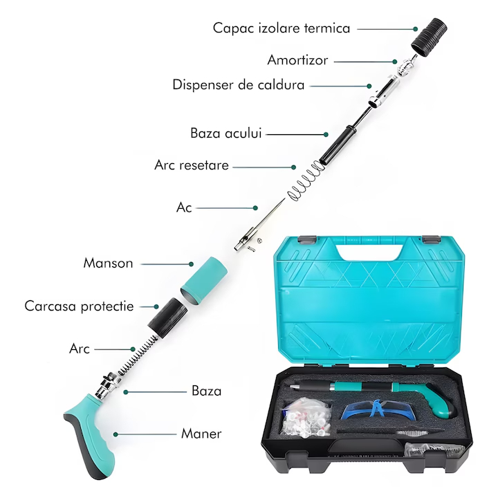 Set Pistol Pneumatic pentru Fixare Cuie Gips-Carton, Perete, Tavan, Podea, Lemn, Metal, Set Complet cu 150 Nituri CADOU, Ochelari de Protectie si Valiza [9]