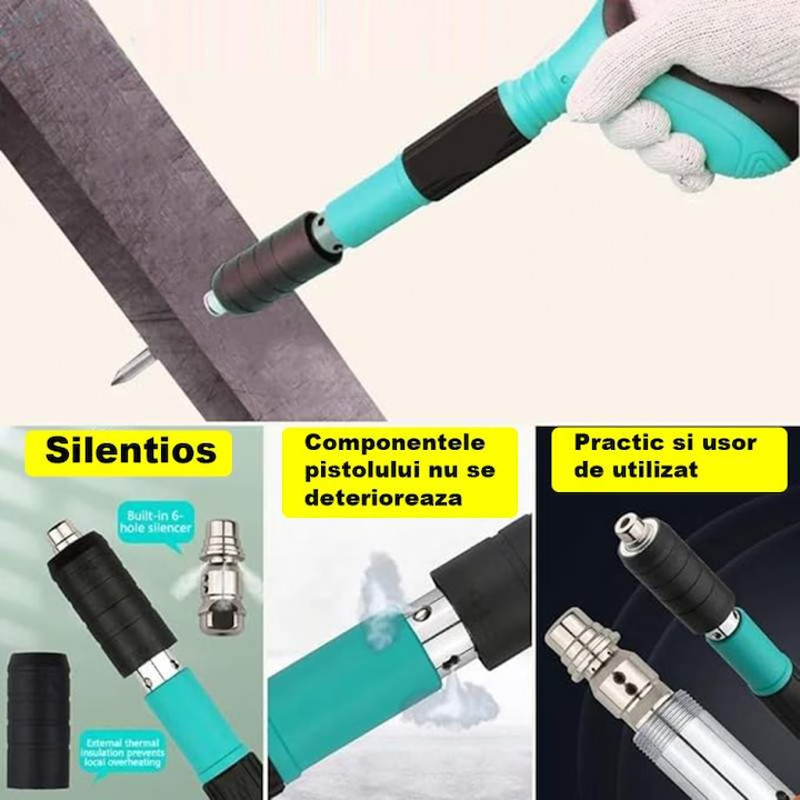 Set Pistol Pneumatic pentru Fixare Cuie Gips-Carton, Perete, Tavan, Podea, Lemn, Metal, Set Complet cu 150 Nituri CADOU, Ochelari de Protectie si Valiza [7]