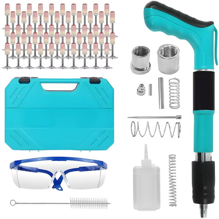 Set Pistol Pneumatic pentru Fixare Cuie Gips-Carton, Perete, Tavan, Podea, Lemn, Metal, Set Complet cu 150 Nituri CADOU, Ochelari de Protectie si Valiza [4]
