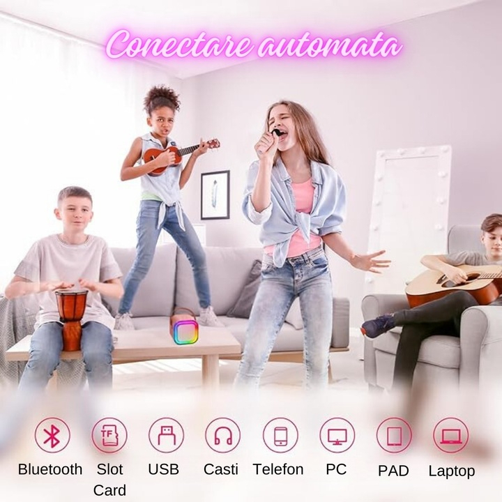 Sistem karaoke portabil cu boxa Bluetooth, lumini RGB si 2 microfoane wireless reincarcabile, efecte de voce [5]