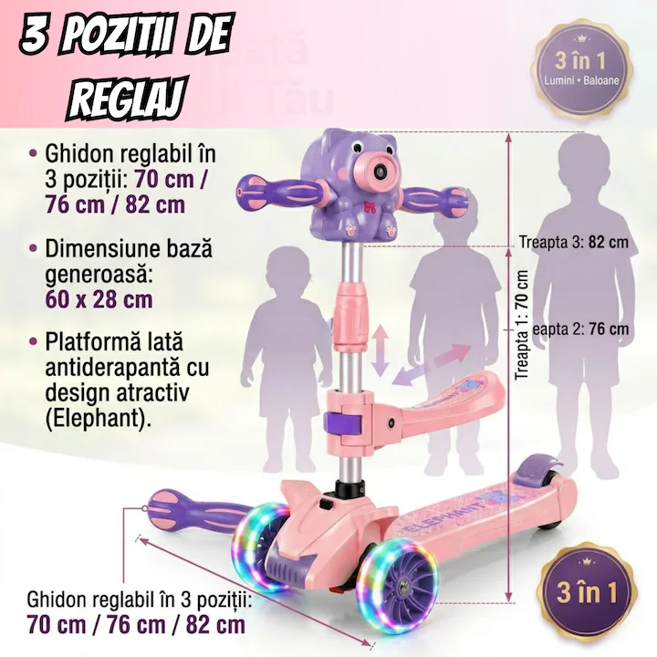 Trotineta copii pliabila cu 3 roti pentru, lumini LED, muzica si baloane de sapun, reglabila pe inaltime [14]