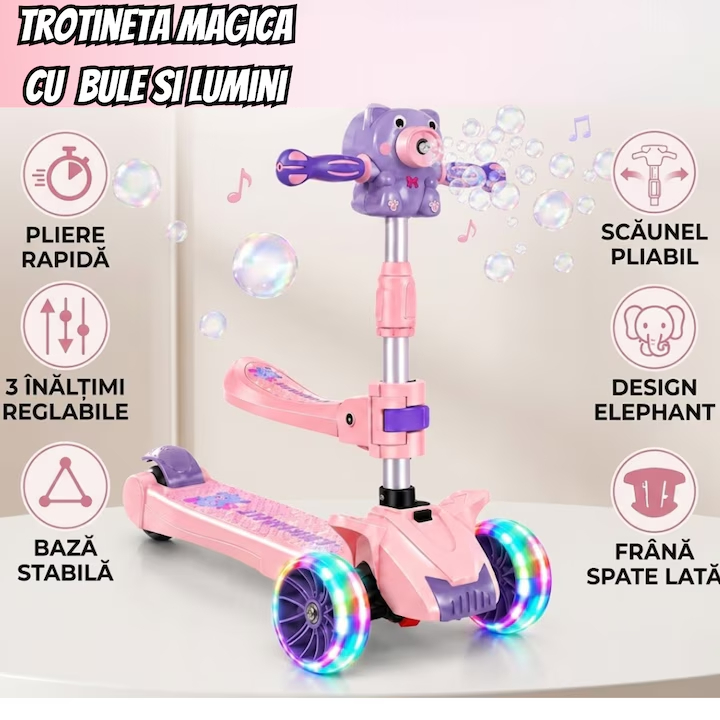 Trotineta copii pliabila cu 3 roti pentru, lumini LED, muzica si baloane de sapun, reglabila pe inaltime [25]