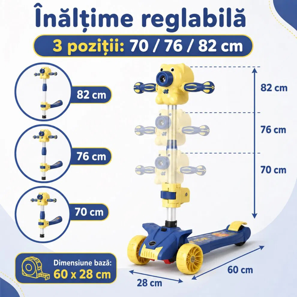Trotineta copii pliabila cu 3 roti pentru, lumini LED, muzica si baloane de sapun, reglabila pe inaltime [6]