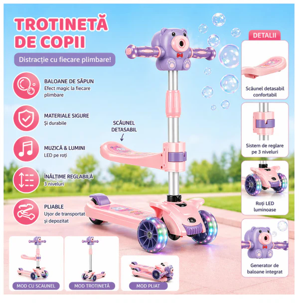 Trotineta copii pliabila cu 3 roti pentru, lumini LED, muzica si baloane de sapun, reglabila pe inaltime [20]