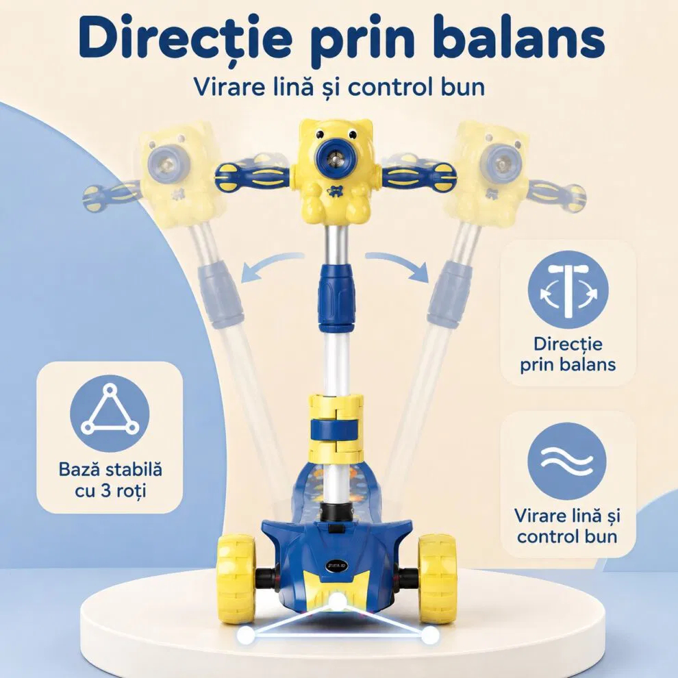 Trotineta copii pliabila cu 3 roti pentru, lumini LED, muzica si baloane de sapun, reglabila pe inaltime [4]