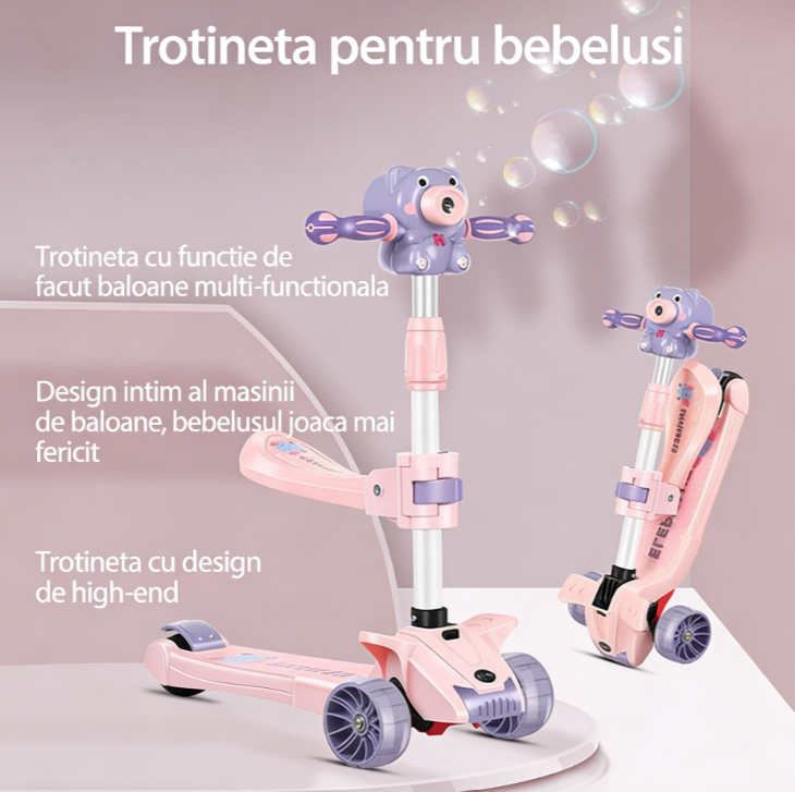 Trotineta copii pliabila cu 3 roti pentru, lumini LED, muzica si baloane de sapun, reglabila pe inaltime [21]